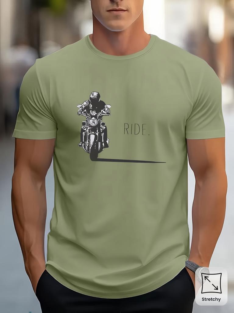 Men's Summer 100% Pure Cotton Fashionable Casual Loose Motorcycle Design Printed Round Neck Short Sleeved T-shirt Top