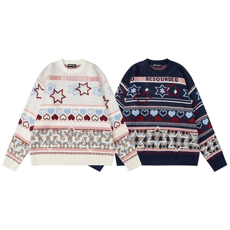 Unisex Autumn Jacquard Knit Sweater - Cozy Round Neck, Loose Fit
