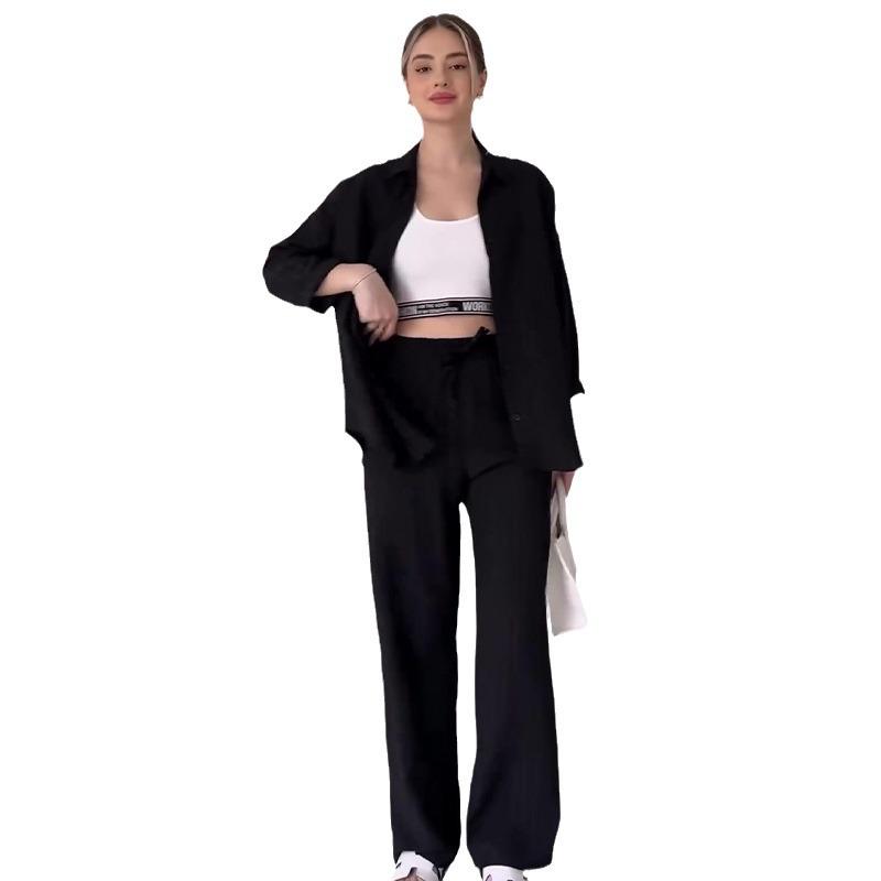 2024 Autumn European & American Women's Solid Color Casual Top and Drawstring Pants Set