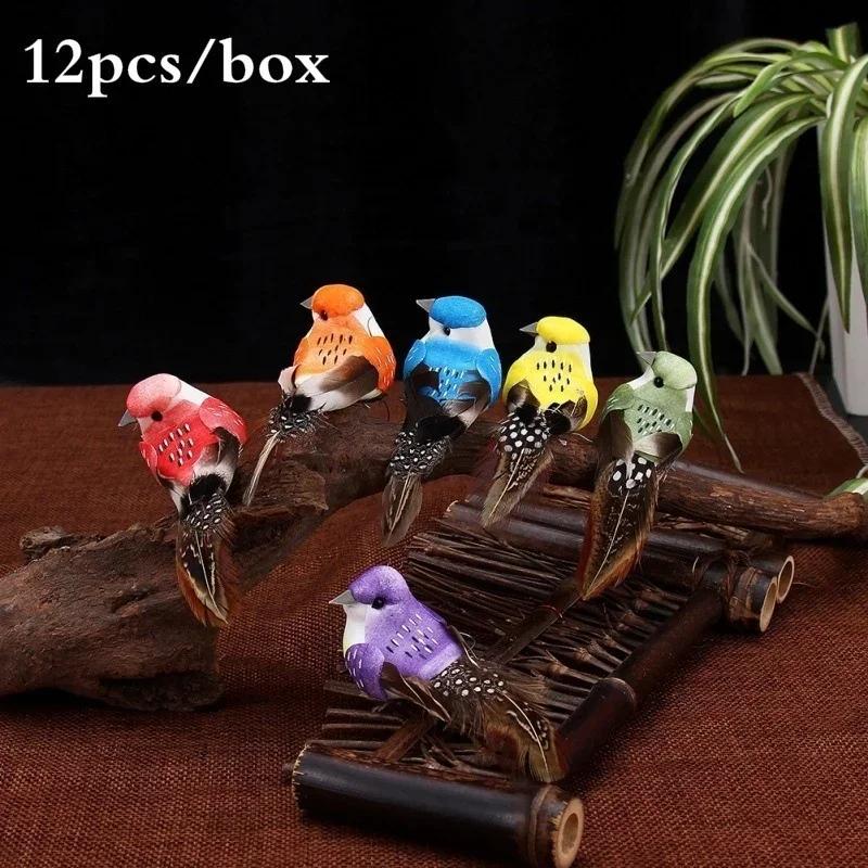 12pcs/box Handmade Simulation Pearl Hair Bird Creative Feather Bird With Claw Iron Wire Garden Decoration