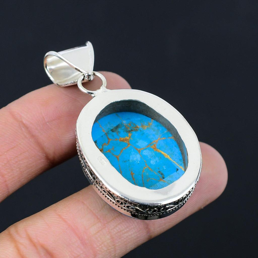 Daughters Day Sale Copper Blue Turquoise Gemstone 925 Sterling Silver Pendant