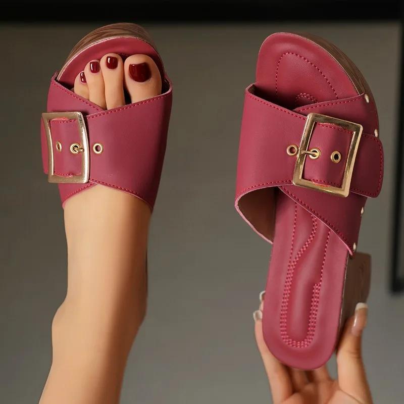 Fashion Women Slippers 2025 Summer New Fashion Elegant Soft Platform Shoes Ladies Chunky High Heels Buckle Casual Peep Toe Slippers