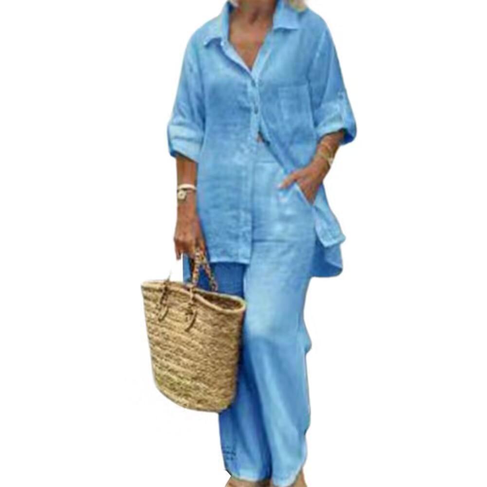 Elegant Solid Cotton Linen Shirt 2 Piece Set For Women Casual Outfits Autumn Long Sleeve Pocket Top Wide Leg Pants Suits Female