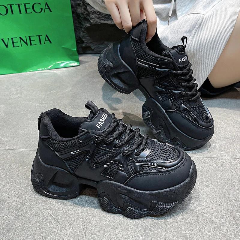 Fashion Sport Shoes for Women New Fashion Tennis Platform 2024 Black Casual Chunky Mesh Leather Spring Autumn Girls Sneakers Old Father