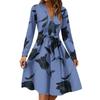 Women's Fashion Casual V-Neck Long Sleeve Waist Floral Print Midi Dress