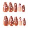 Elegant Brown Polka Dot Pearl Bow Long Almond Nail Tips - 24-Piece Set