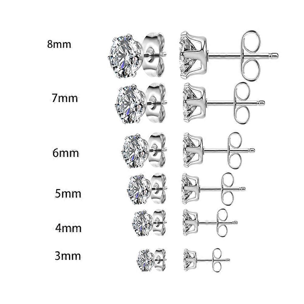 Stainless Steel Mens Womens Stud Earrings Black and Silver Round Cubic Zirconia Inlay, 12 Pairs 3mm - 8mm