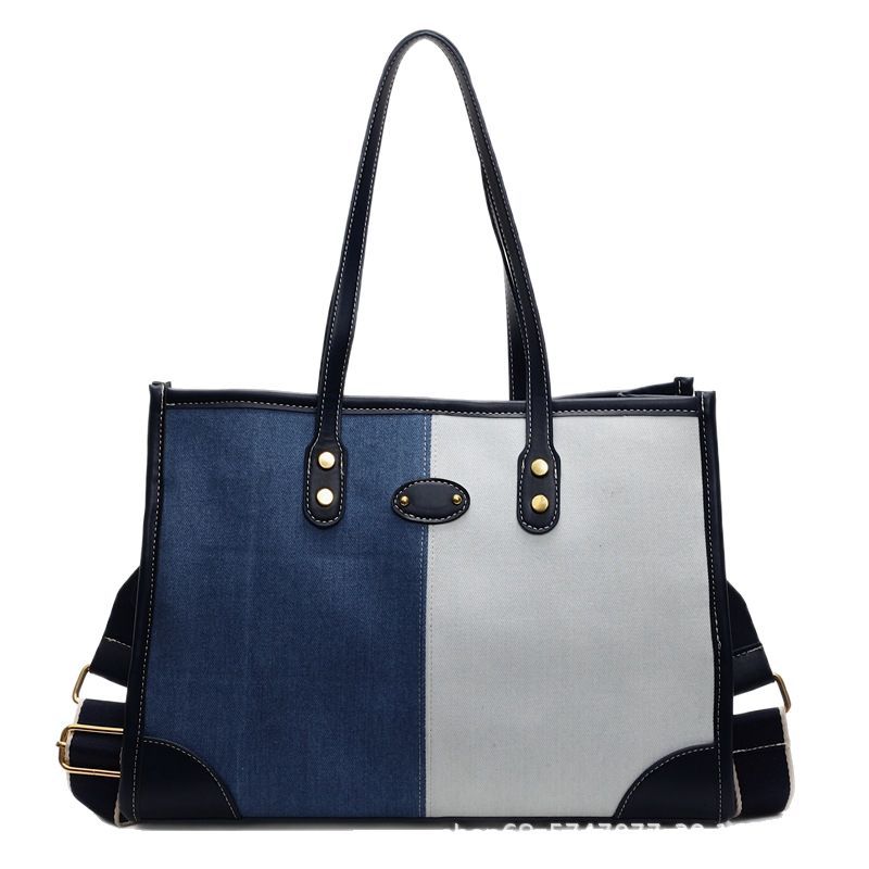 Fashion Color-blocking Tote Large Bag Women's 2025 New Casual Denim Commuter Bag Large-capacity Versatile Crossbody Bag