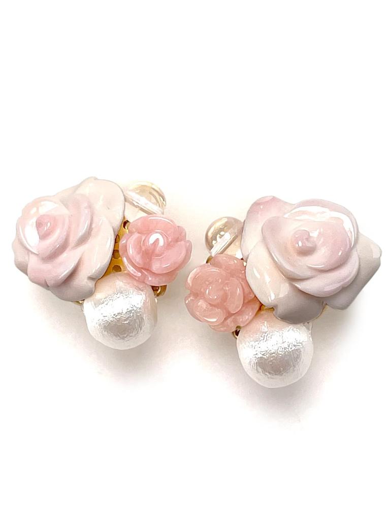 Queen Conch Shell Pink Opal Rose Rose Quartz Cotton Pearl Earrings with Silicone Cover Natural Stone Power Stone A1104 [Cherry]