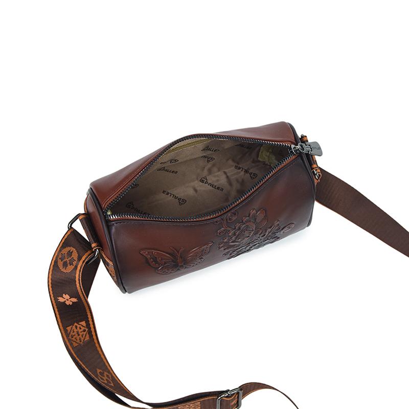 Vintage PU Leather Women Cylinder Crossbody Bag Butterfly Floral Embossed Shoulder Bag Wide Strap Retro Ladies Small Handbag for Daily Shopping