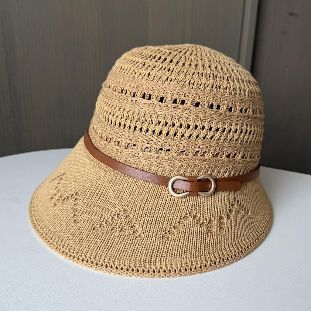 New belt buckle knitted fisherman hat women spring and summer hollow breathable leisure basin hat travel sun protection visor