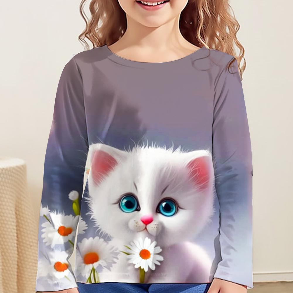 Cute Cartoon Cat Print Clothes Autumn Children Top Round Neck Long Sleeve T-Shirt Fashionable Comfortable Versatile Leisure T-shirt