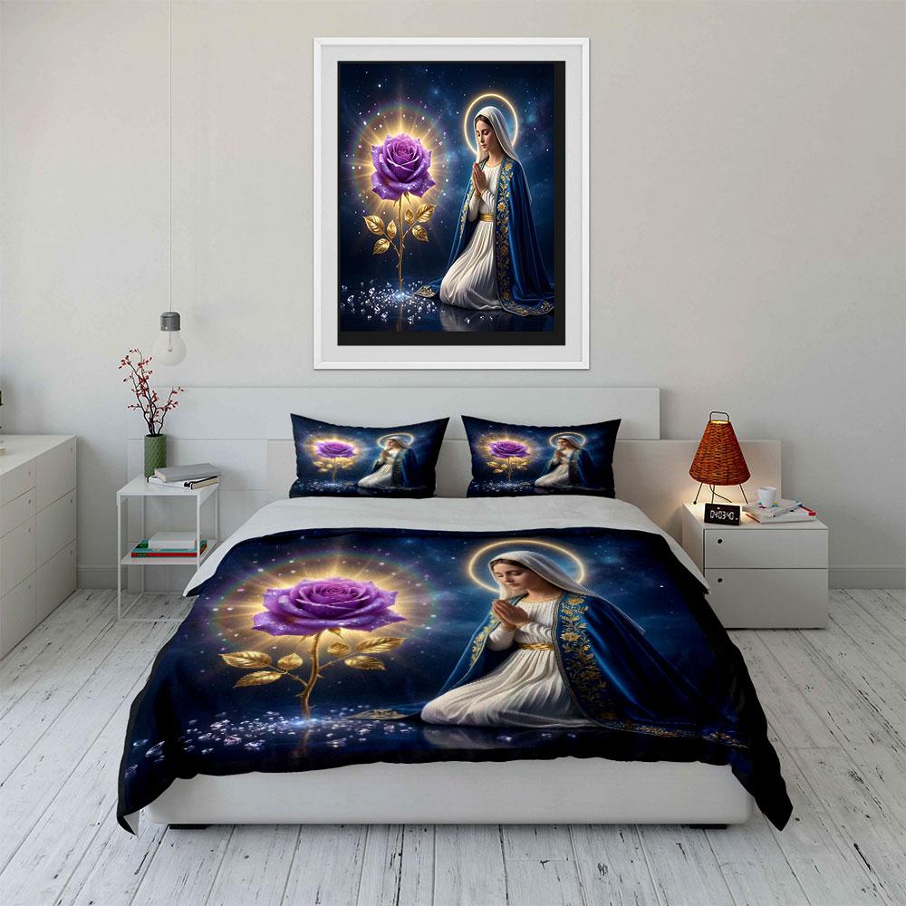 Praying Woman with Purple Rose Bedding Duvet Cover Set (1*Duvet Cover 2*Pillowcases, Without Duvet Insert)