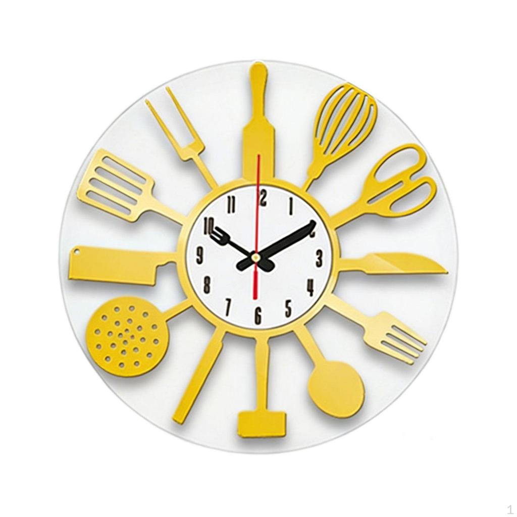 Acrylic Kitchen Wall Clock with Decorative Utensils, Silent Mechanism And Easy-to-Read Numbers,