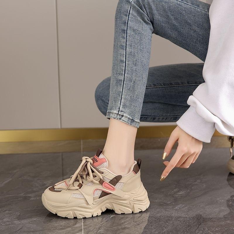 Women'S Sporty Dad Shoes Thick Bottom Casual Soft Sole Small Size Trendy Summer New Style Over Ankle Tie-Up Polyurethane