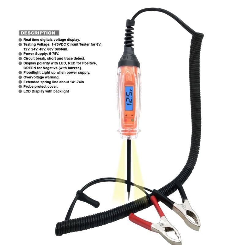 652F Automotive Circuit Tester with LCD Screen Sound Light Alerts 1 to 75V Ranges Suitable For Car Battery Detection