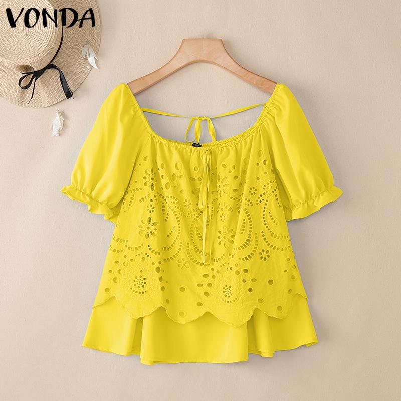 

VONDA Женская блузка с кулиской, шнуровкой на шее, короткими рукавами, крючком, многослойная, повседневная 5XL