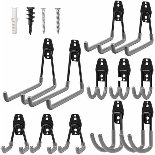 Garage Hooks, 12-Pack Garage Storage Hooks and Hangers, Heavy-Duty Wall-Mounted Garage Organizer for Ladders, Bicycles, Hoses, and More (Gray)