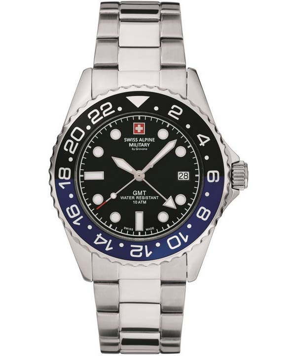 Swiss Alpine Military Master Diver GMT Stainless Steel Black Dial Quartz 7052.1132 100M Men's Watch