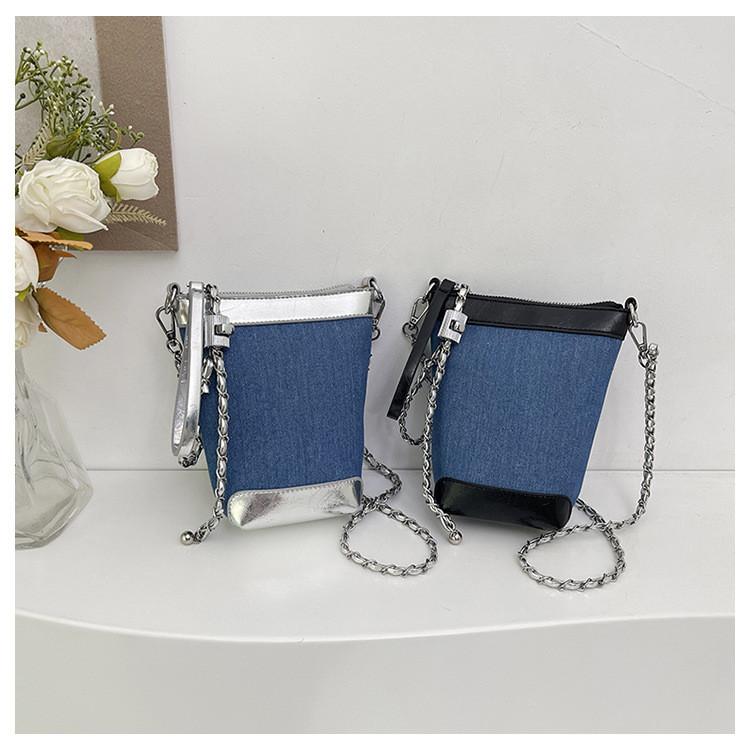 IELGY Fashion Casual Bucket Bag Trendy All-Match Denim Shoulder Bag High-End Simple Cross-Body Bag