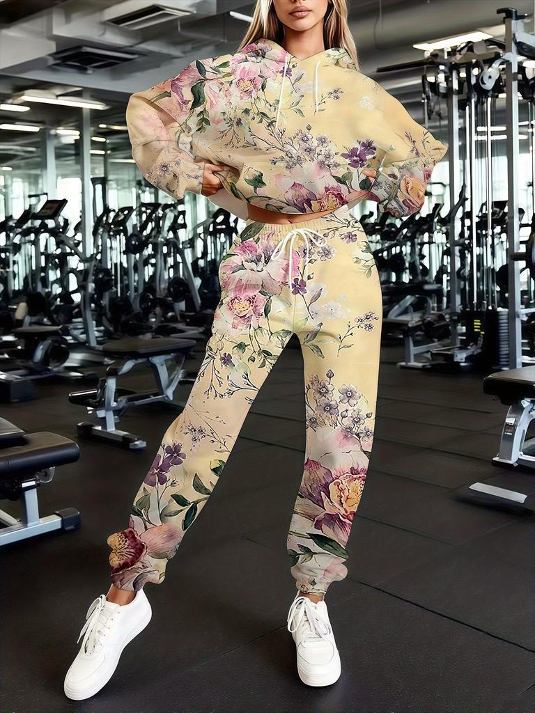 Europe And The United States New Fashion Leisure Sports Hooded Flower Print Sweater Set