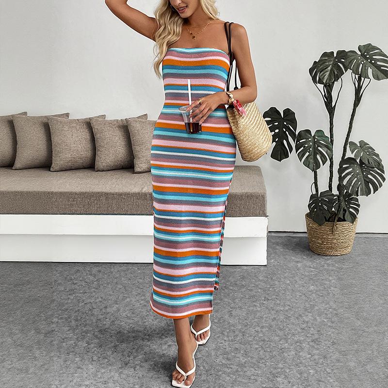 Amazon 2025 new cross-border leisure seaside vacation style color embroidered striped tube top foreign style explosive dress S синий