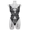 Women Sexy 2 Piece Lingerie Set Black Floral Lace Sheer Mesh Hollow Out Backless Top with Integrated Garter Belt Thong Underwear