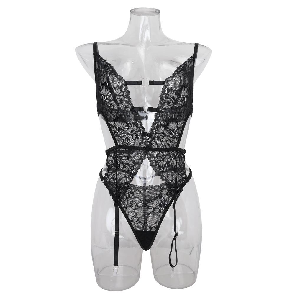 Women Sexy 2 Piece Lingerie Set Black Floral Lace Sheer Mesh Hollow Out Backless Top with Integrated Garter Belt Thong Underwear