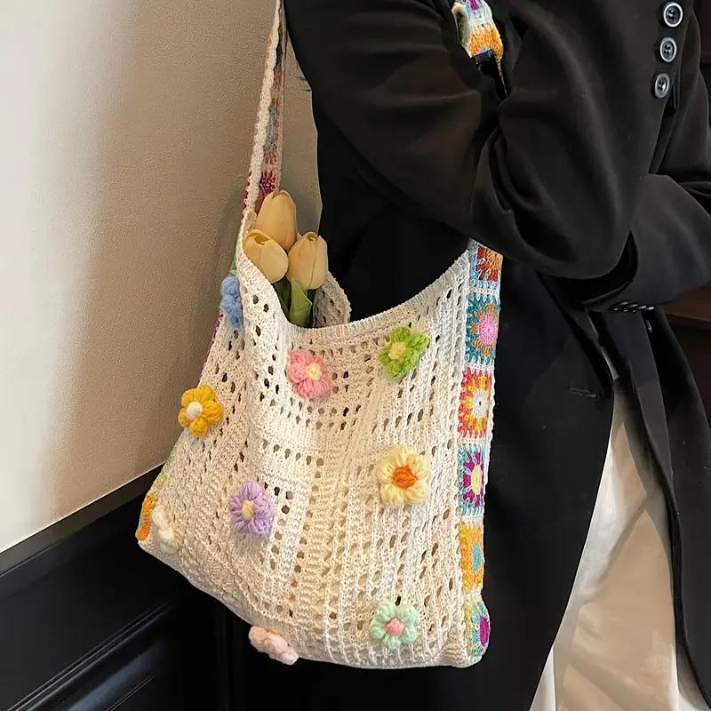 Designer Flower Knitted Handbags Female Large Capacity Totes Women's Pack Summer Beach Bag Purses Hollow Woven Shoulder Bags