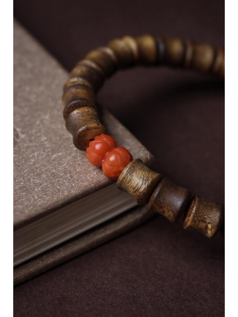 Hainan Green Qinan Agarwood Bamboo Joint & Lotus Bead Bracelet, 0.7 DIY, Unisex Prayer Beads