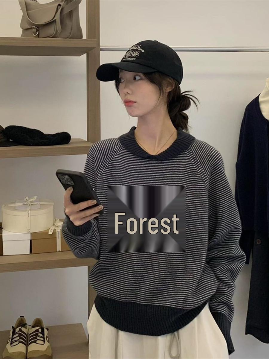 

Korean Retro Floral Jacquard Pullover Sweater, Women s Autumn/Winter 2025, Versatile Loose Knit with Fine Stripes. One Size: 80-135 темно-синий