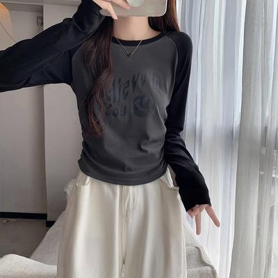 American Retro Side Pleated Waist Long-sleeved T-shirt Women's New Round Neck Letter Printed Short Bottoming Top Autumn