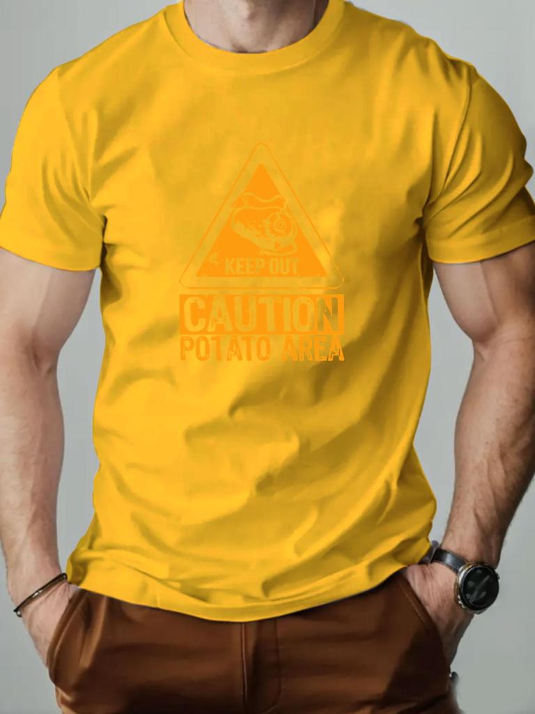 Mens cotton Tshirt CAUTION POTATO AREA summer round neck short sleeve graphic breathable fashion casual Tshirt