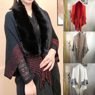 Knitting Shawl Womens Cardigan Cape Evening Dresses Faux Fur Collar  Wraps Knitting Shawl Winter Warm