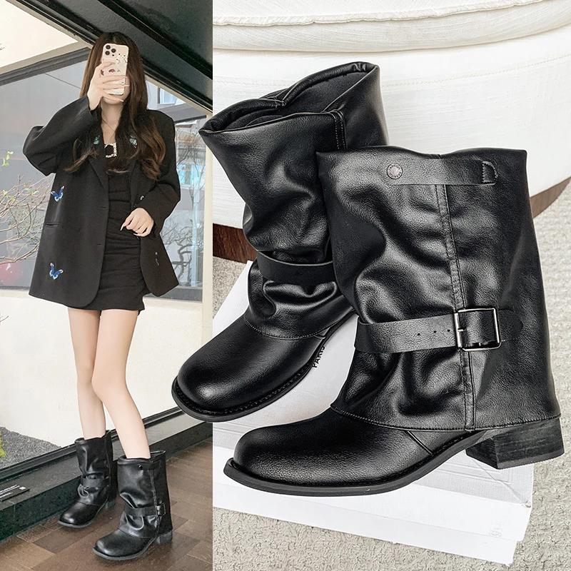 Fashion 2025New Style Luxury Pleated Buckle Knight Boots for Women Autumn Brown Leather Mid Calf   Slip-On Thick Heel Riding Boots