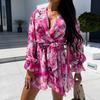 New Fashion Vintage Puff Sleeve Print Floral Jumpsuits Women Elegant Slim Fit Casual Women Rompers V Neck Lace-up Office Lady Summer Bodysuits 26160