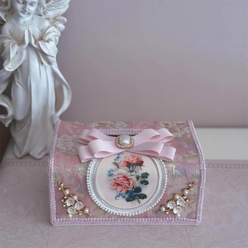 Korean Romantic Tissue Box Oil Painting Style Lace Tissue Box Pearl Bow Fabric Household Car Paper Box Pink Green Brown