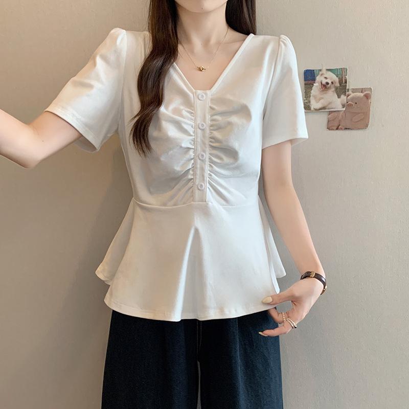 

2026 New Plus Size Women s Korean V-Neck Ruffle Lace T-Shirt 4XL білий
