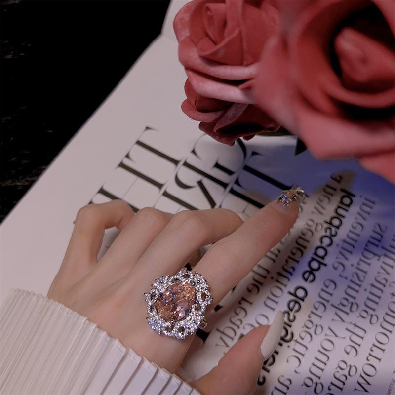 Exquisite French Pink Zircon Diamond Ring for Women – Adjustable, High-End Niche Luxury Open Adjustable