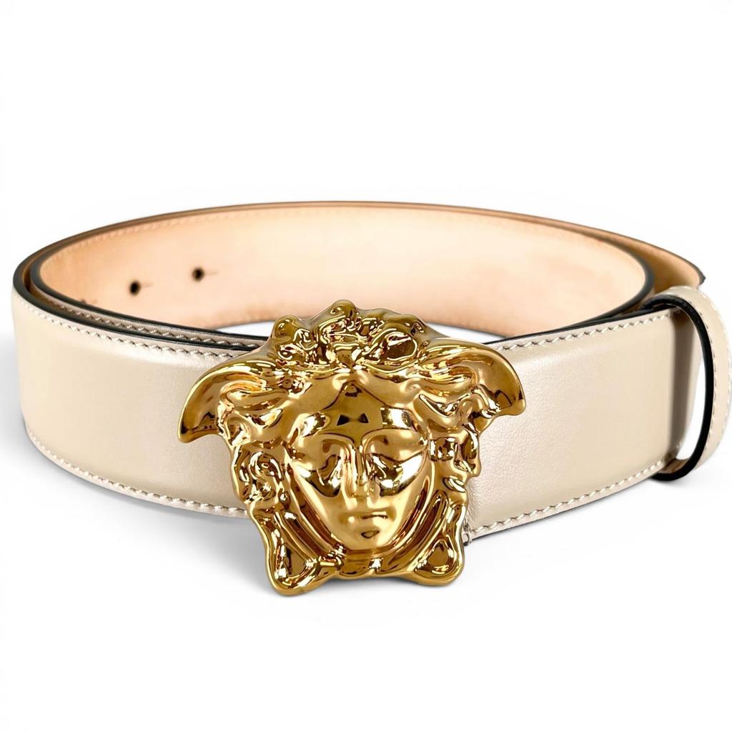 Great VERSACE Belt Medusa Motif Buckle Beige Calf Leather Mens Used