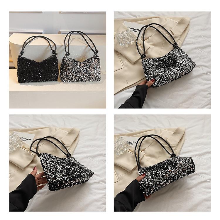 Summer New Texture Casual Foreign Sequined Shoulder Bag Personalized Ins Simple Messenger Large Capacity Baguette Bag Women's Bag