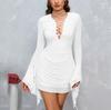 Mesh Long-sleeved Dress, European and American Sexy V-neck Strap Pleated Neck Horn Sleeve Dress