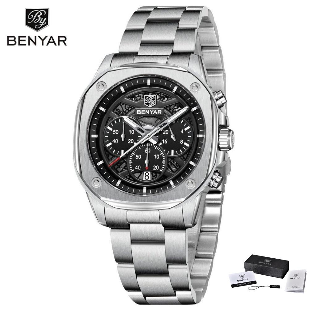 BENYAR Fashion Men Quartz Watch Stainless Steel Strap Retro Sports Watches For Man Calendar Luminous Waterproof Reloj Hombre