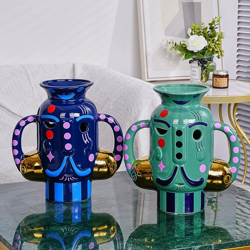 Creative Facial Makeup Ceramic Vase Ornaments, Living Room, Home, Desktop, Dry, Ornaments, Hand-painted, Colorful Flower Ware