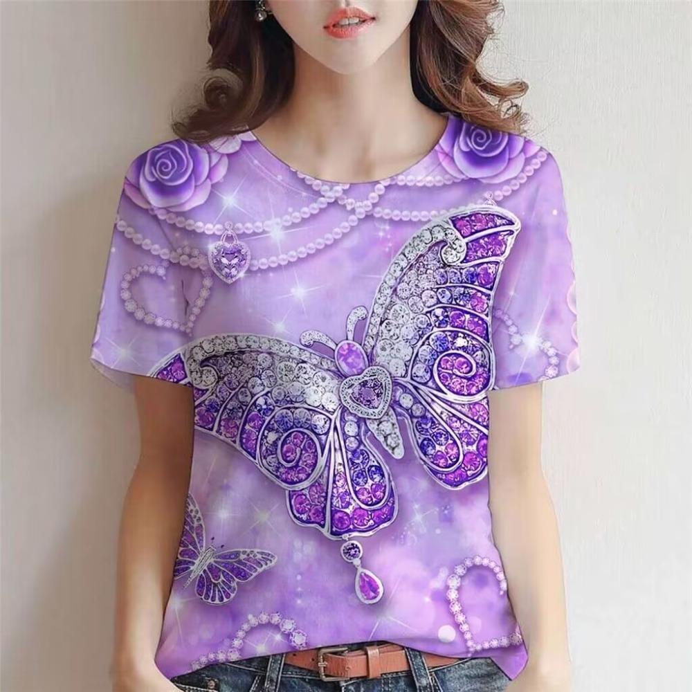 

Women s 3D Butterfly T-shirt, Casual Short-sleeve Round-neck Summer Top, Fashionable Loose Women s T-shirt S