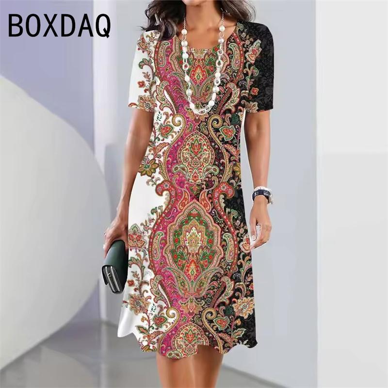 Retro Ethnic Print Mini Dress Women's Fashion Street Style Summer Short Sleeve Round Neck Casual Dress Vestidos De Mujer