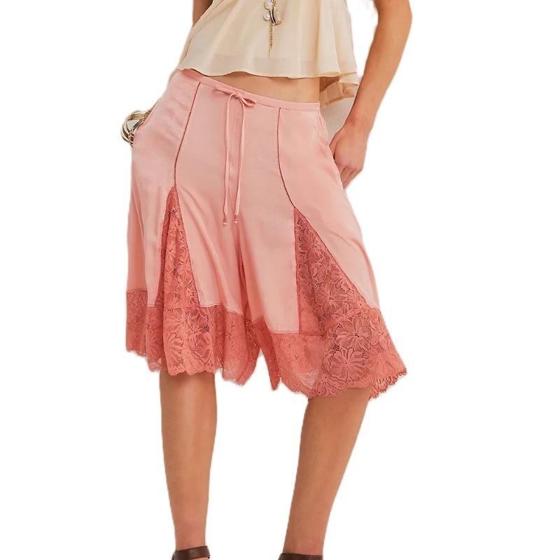 Women Y2k Lace Floral Bloomers Pants Silk Satin Patchwork Ruffles Coquette Half Slip Midi Pants Streetwear