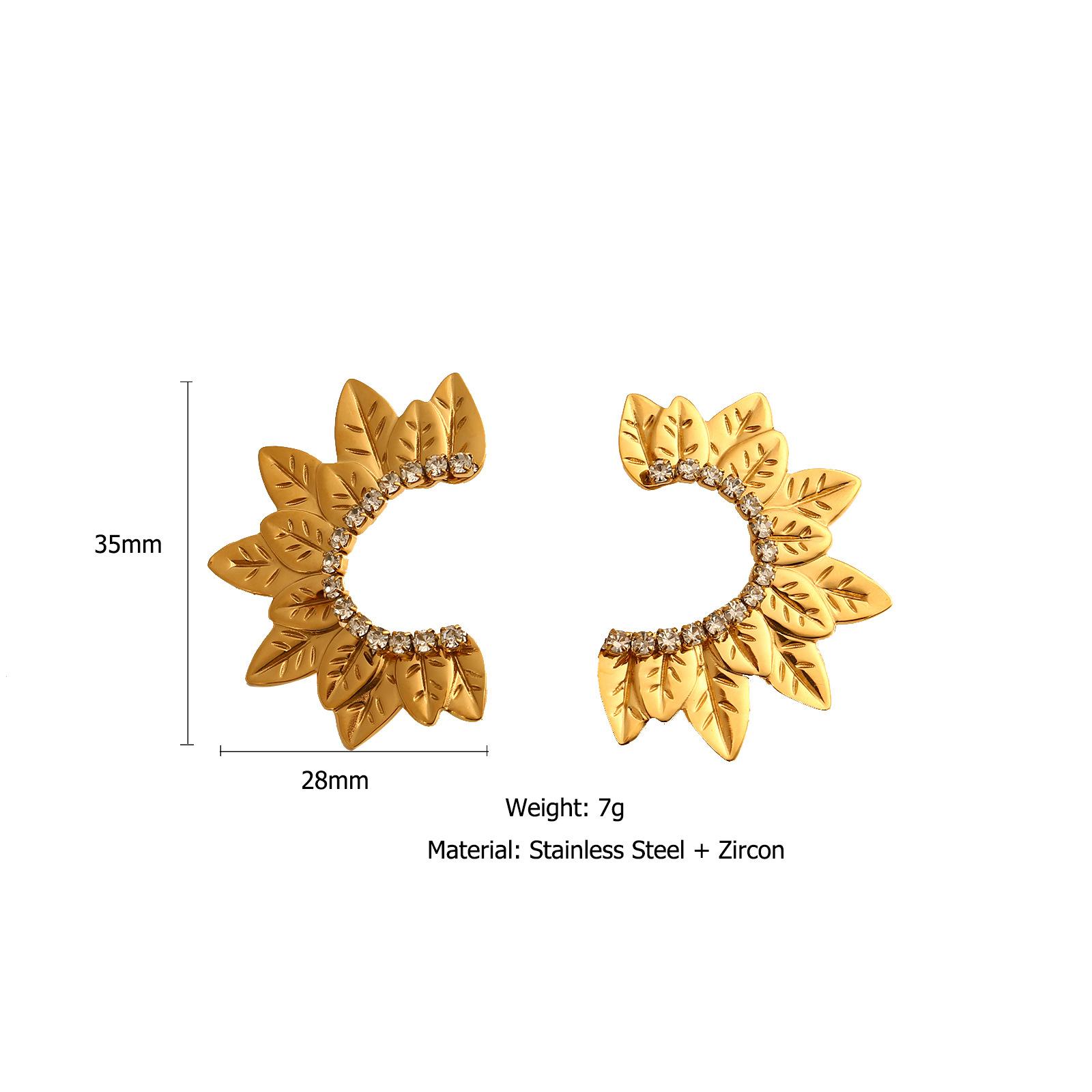 Fashion Jewelry Luxury Aretes Stainless Steel Earrings Zirconia 18K Gold-Plated Jewelry Leaf-Shaped Stud Hoop Earrings 18K