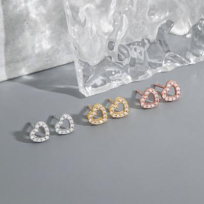 Korean Version Peach Heart Full Diamond Micro-inlaid Earrings, Anti-allergic Love Shape 3A Zirconium Fresh and Simple INS Heart Earrings