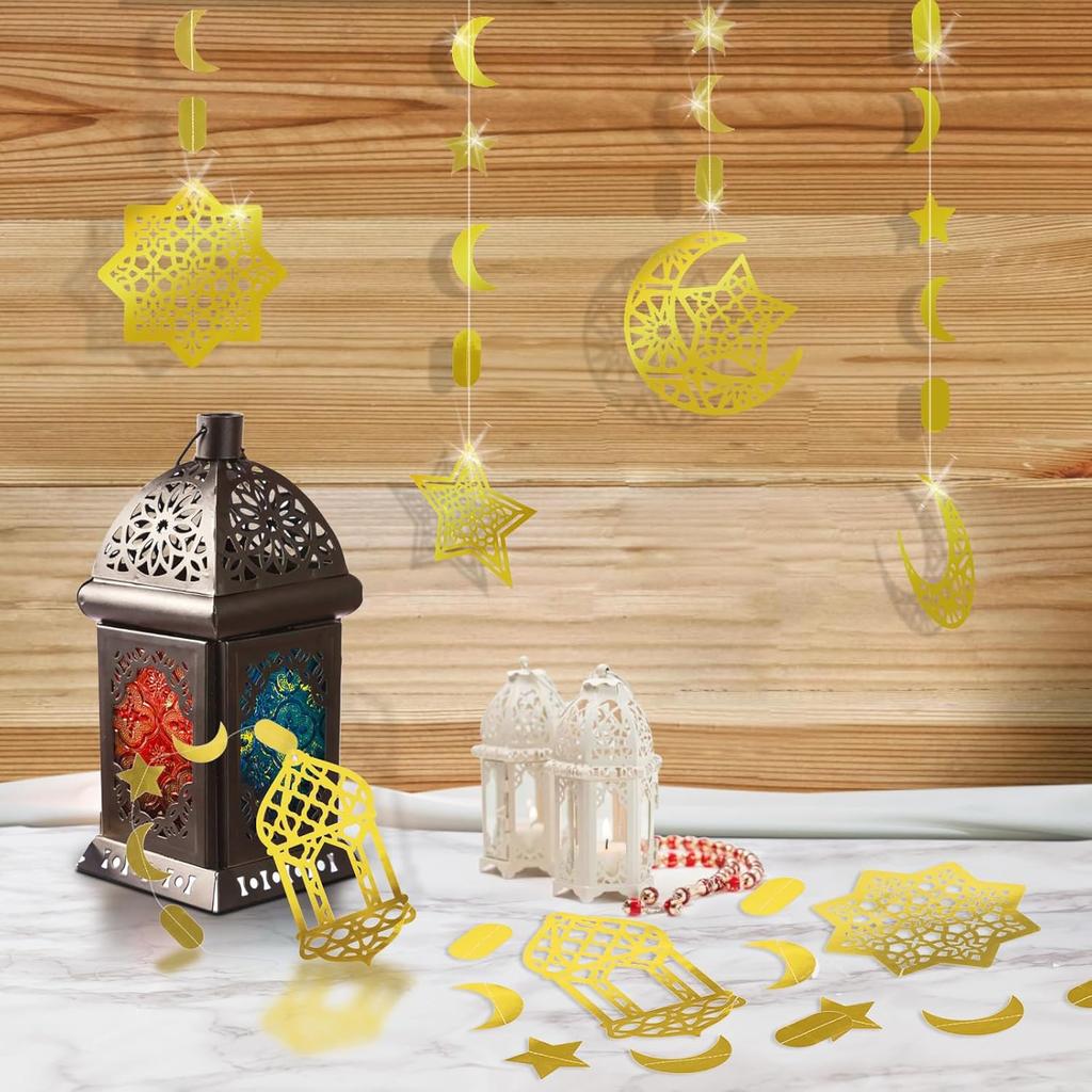 AhfuLife Ramadan Mubarak Eid Decorations for Home, 6 PCS Pre-Tied Golden Islamic Star Moon Lantern - Reble Eid Garland Streamer Eid Mubarak